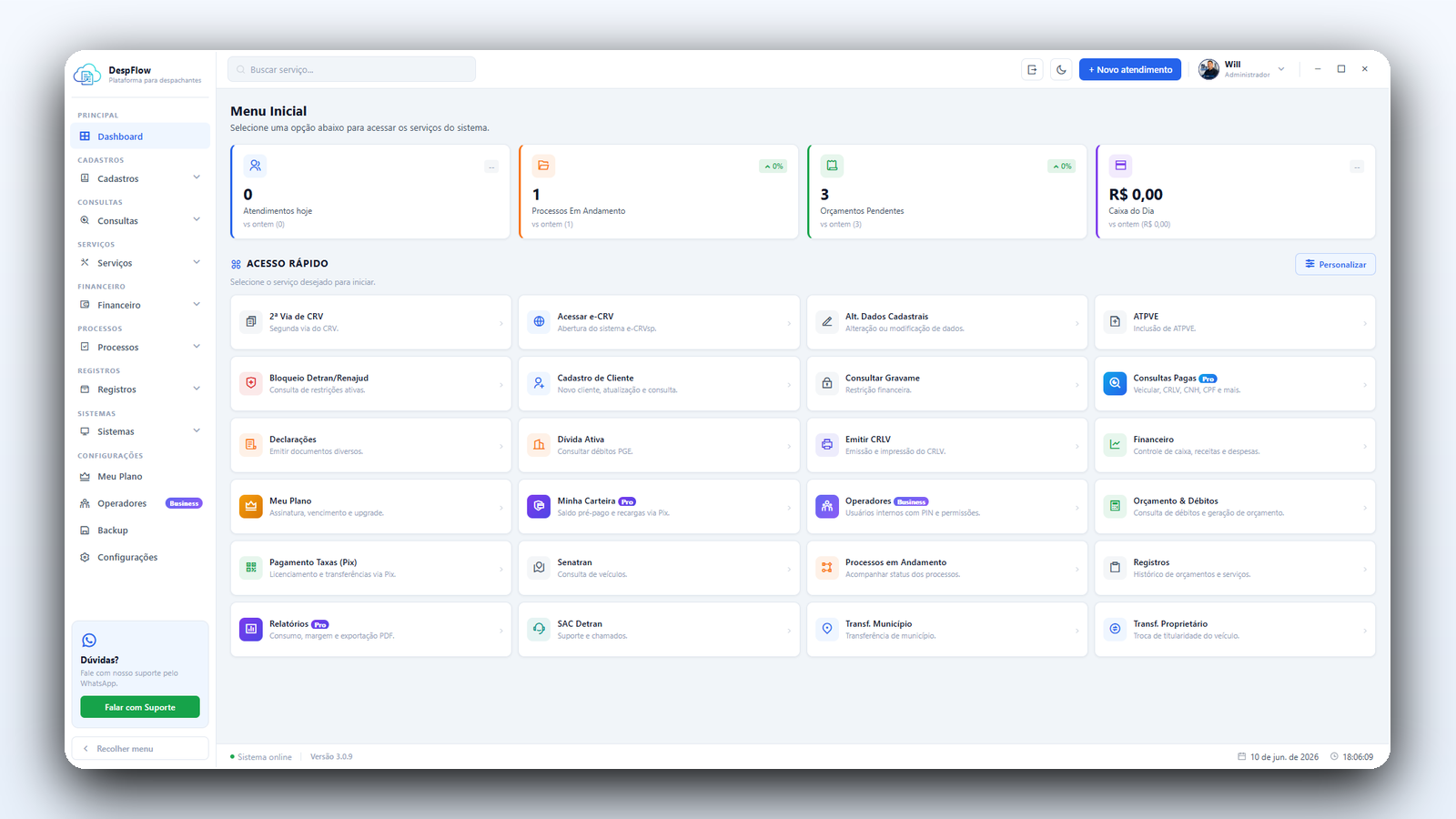 Tela principal do DespFlow com dashboard, atalhos e módulos de gestão